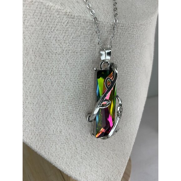 New! Iridescent Crystal Pendant Necklace With Silver-Plated Chain - Picture 6 of 7